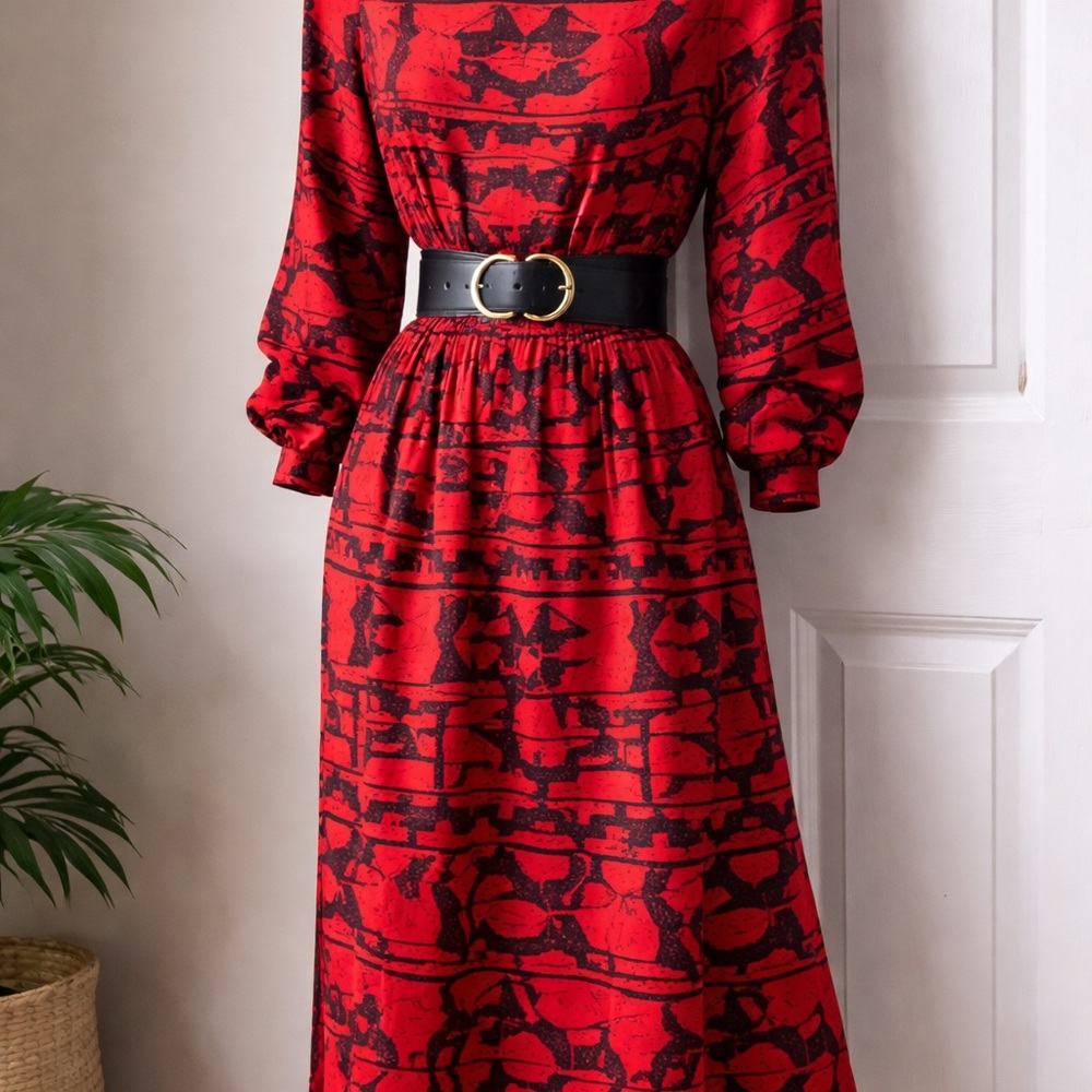 Vintage 80s Red Black Geometric Dress Shoulder Pads Size 8